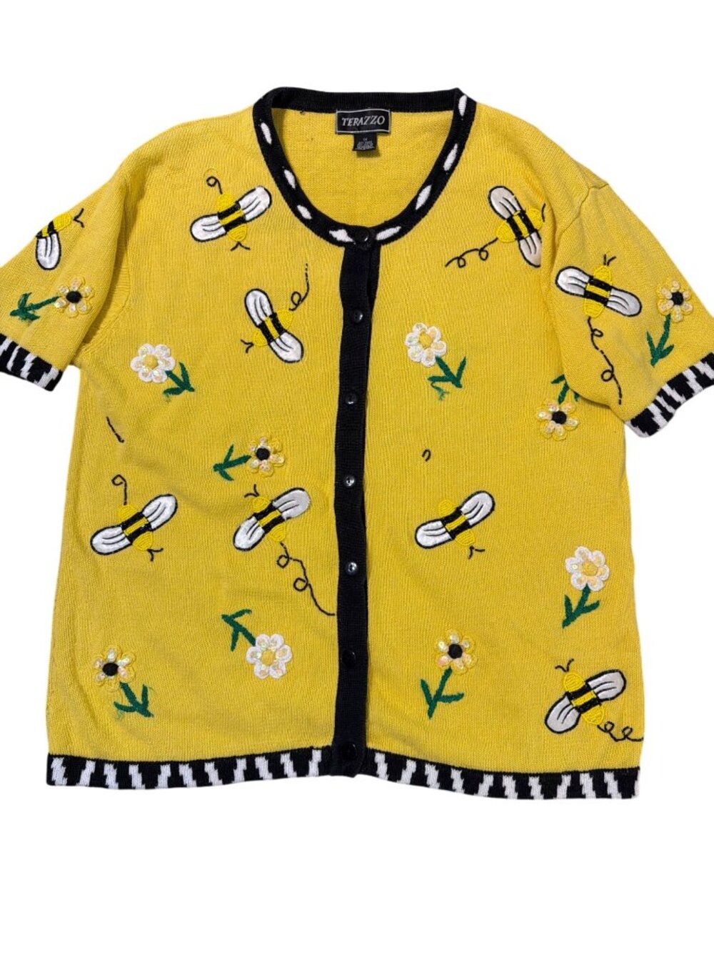Vintage Terazzo Bee Yellow Black Cardigan Embroidered Beaded Flowers Sz 1X READ